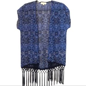 Blue/Black Design Kimono with Fringe Detail
